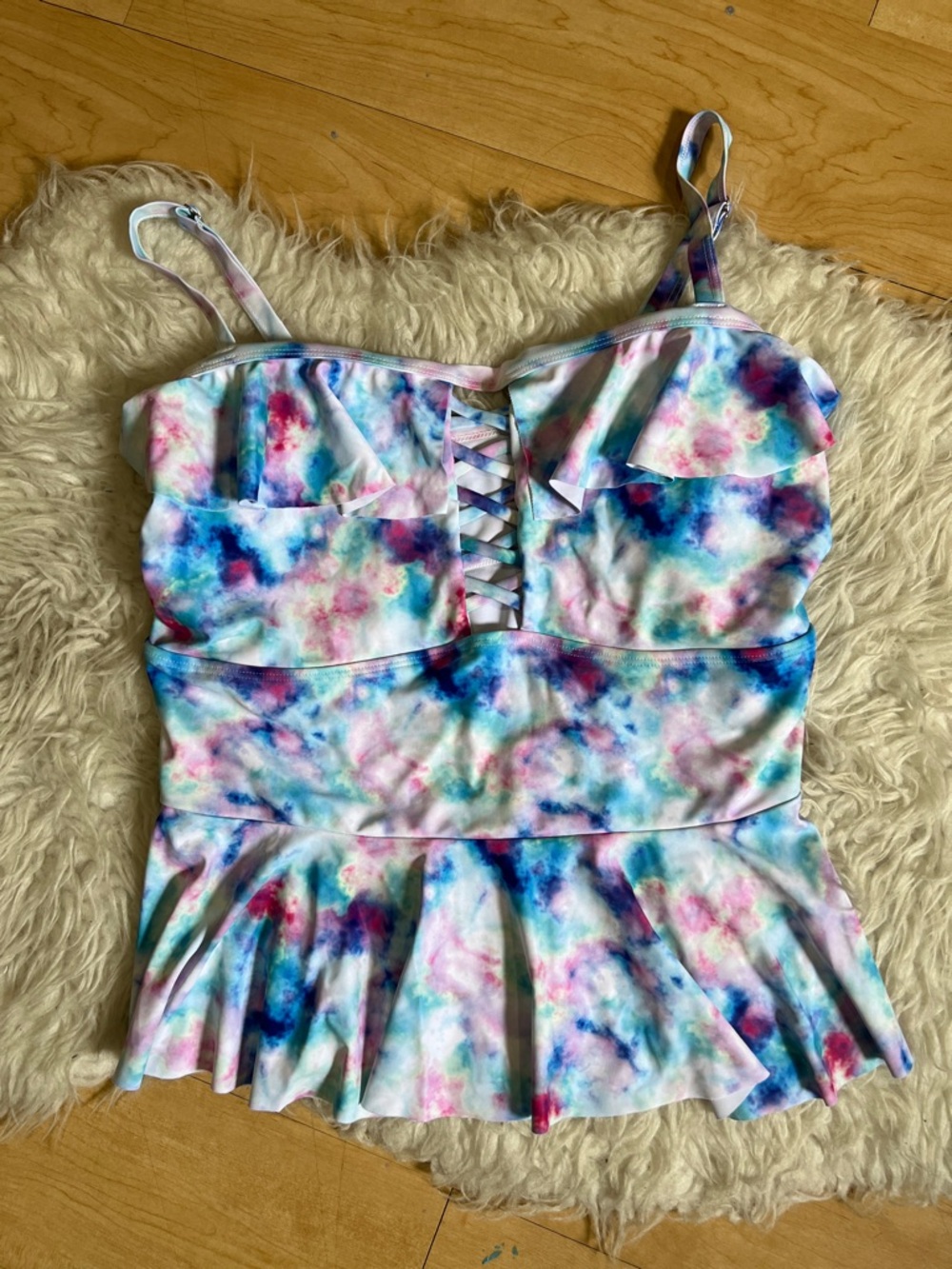 Tie-Dye Ruffle Lace-Up Swimdress Top and bottom set XL